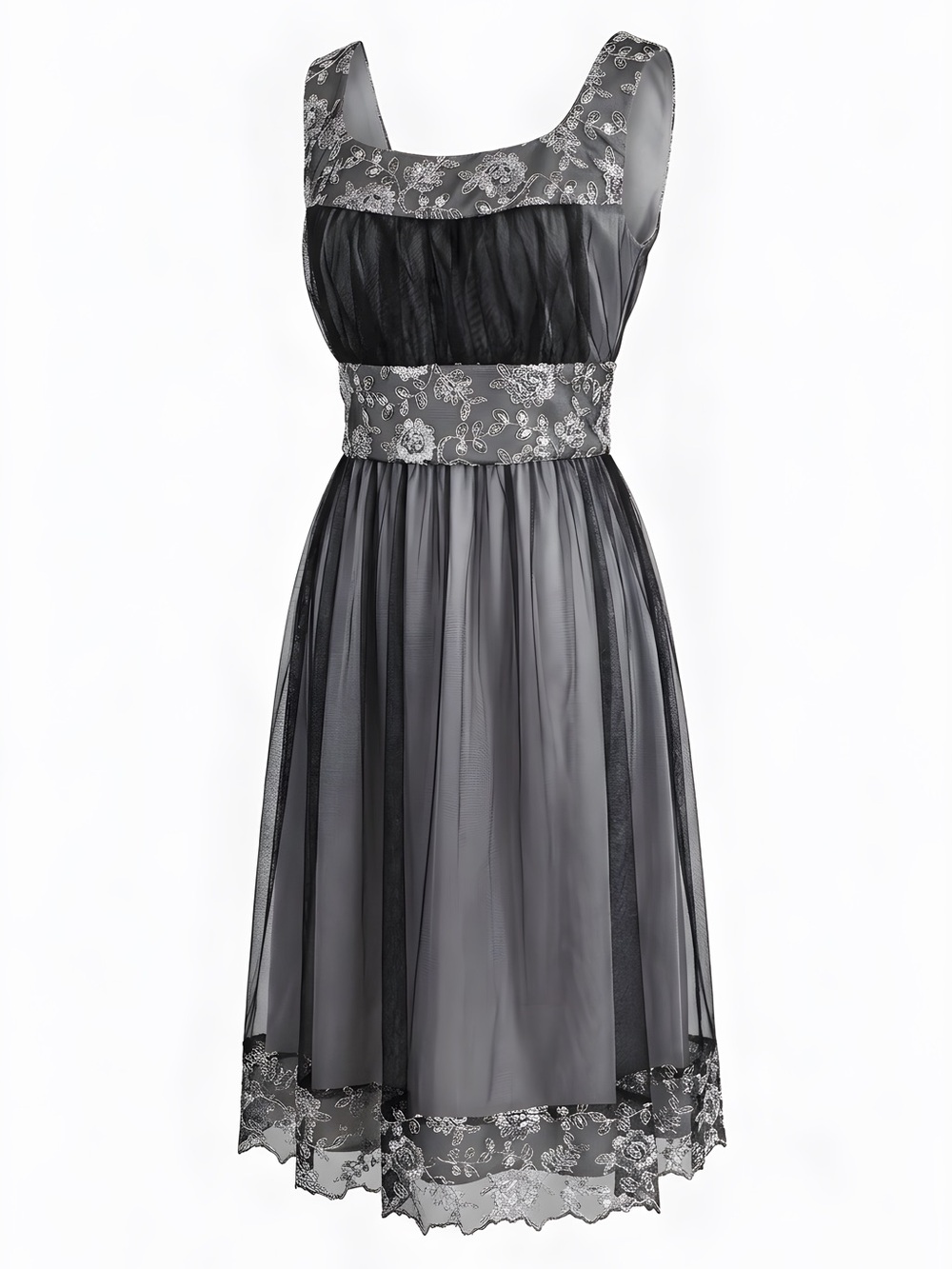 R&M Richards Black and Gray Floral Midi Dress